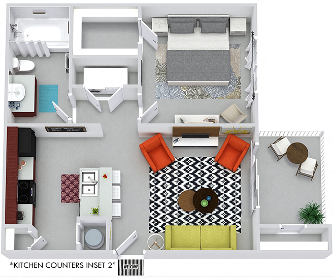 Floor plan for 1 bed, 1 bath, 630 sqft